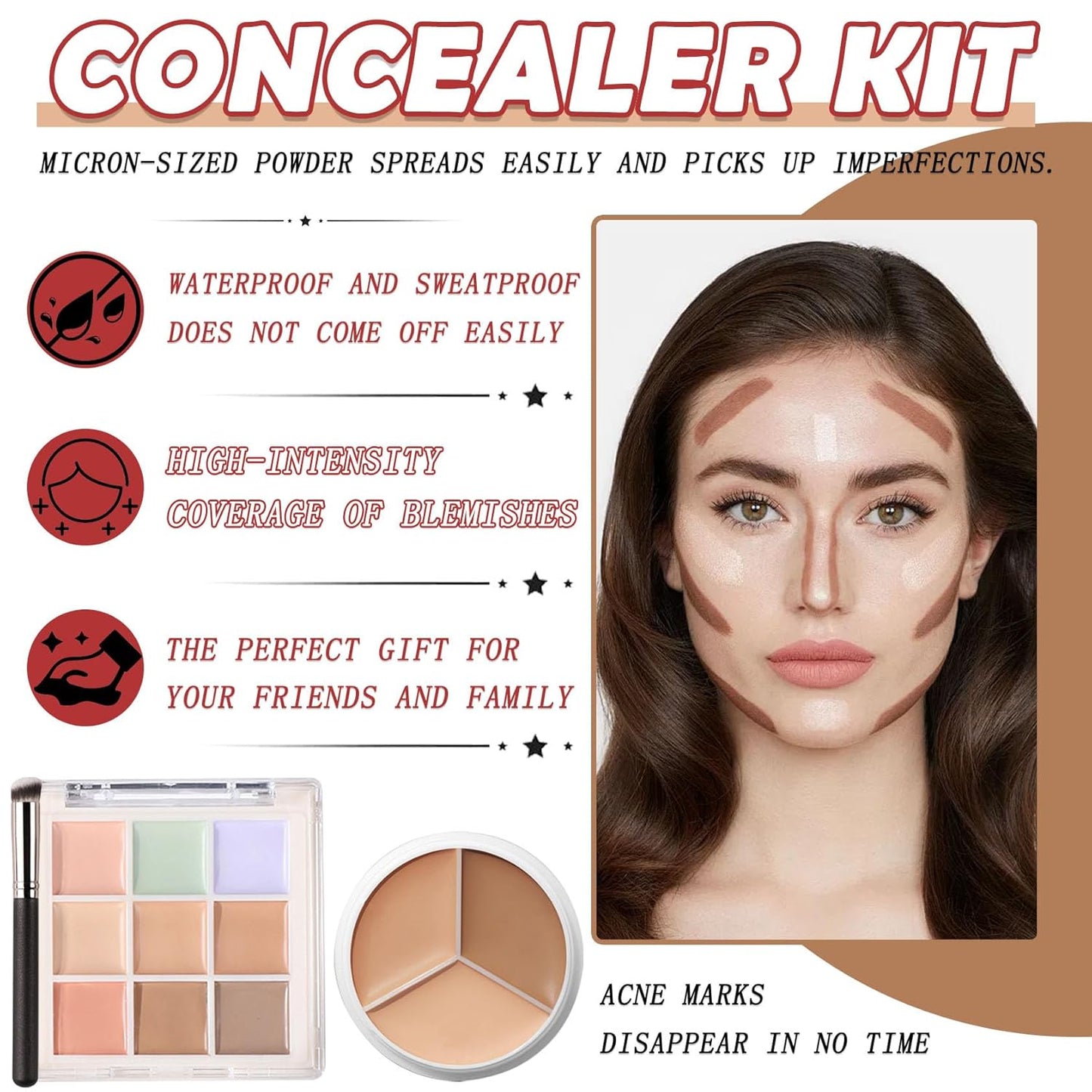 12 Colors Correcting Concealer Palette Kit with Brush,Cream Makeup Contour Palette for All Skin Type,Color Corrector Concealer Foundation Palette for Conceals Dark Circles & Blemish