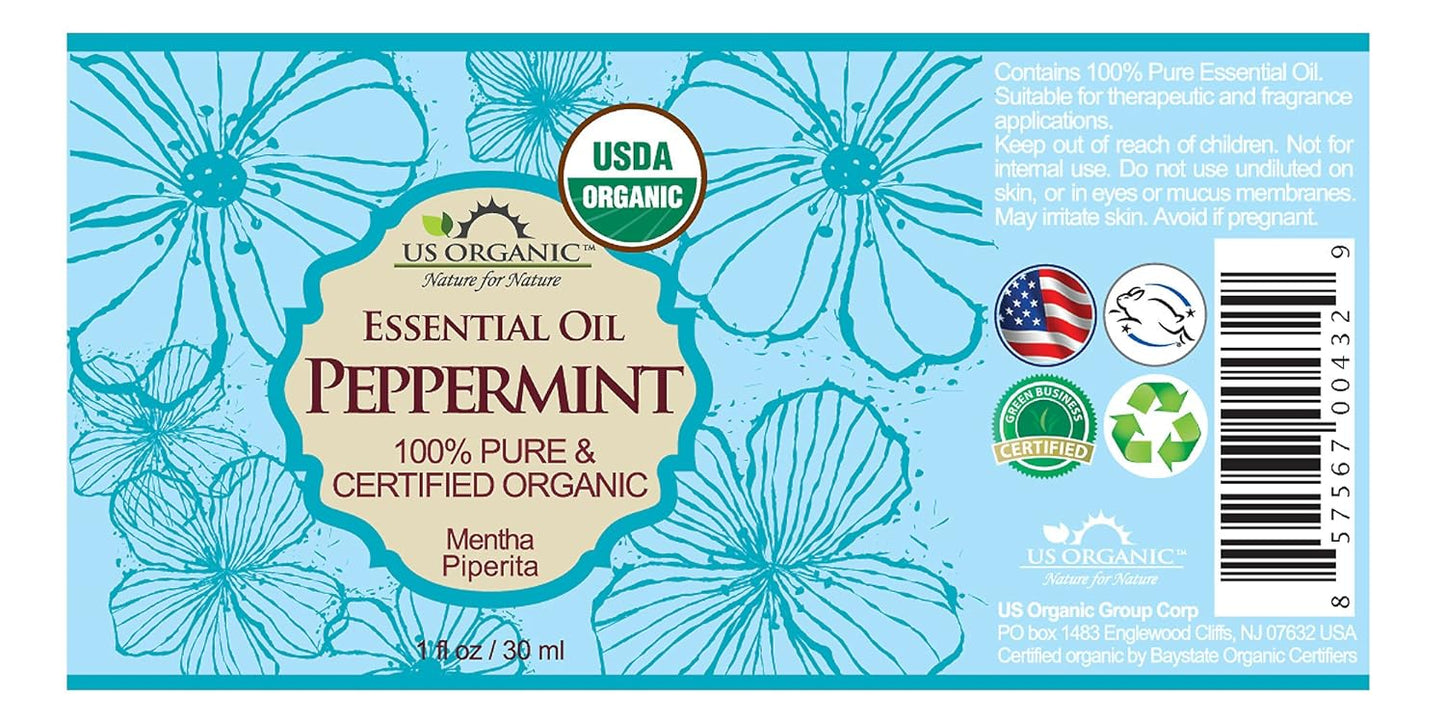 US Organic 100% Pure Peppermint Essential Oil - USDA Certified Organic - 30 ml - w/Improved caps and droppers (More Size Variations Available)