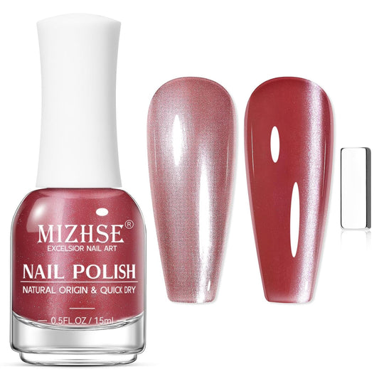 MIZHSE Quick Dry Cat Eye Nail Polish, Red Magnetic Nail Polish with Magnet, Air Dry Fast Nail Lacquer Non-Gel 15ml Cateye Polish for Women Girls Manicure DIY Home