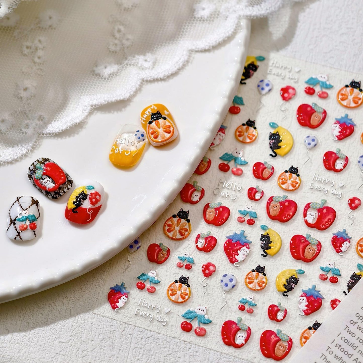 Apple Nail Art Stickers Cat Nail Decals for Nails Art Cute Nail Stickers Red Orange 5D Embossed Self Adhesive Fruit Nails Charms for Women Girls Kid Manicure DIY Decoration Accessories