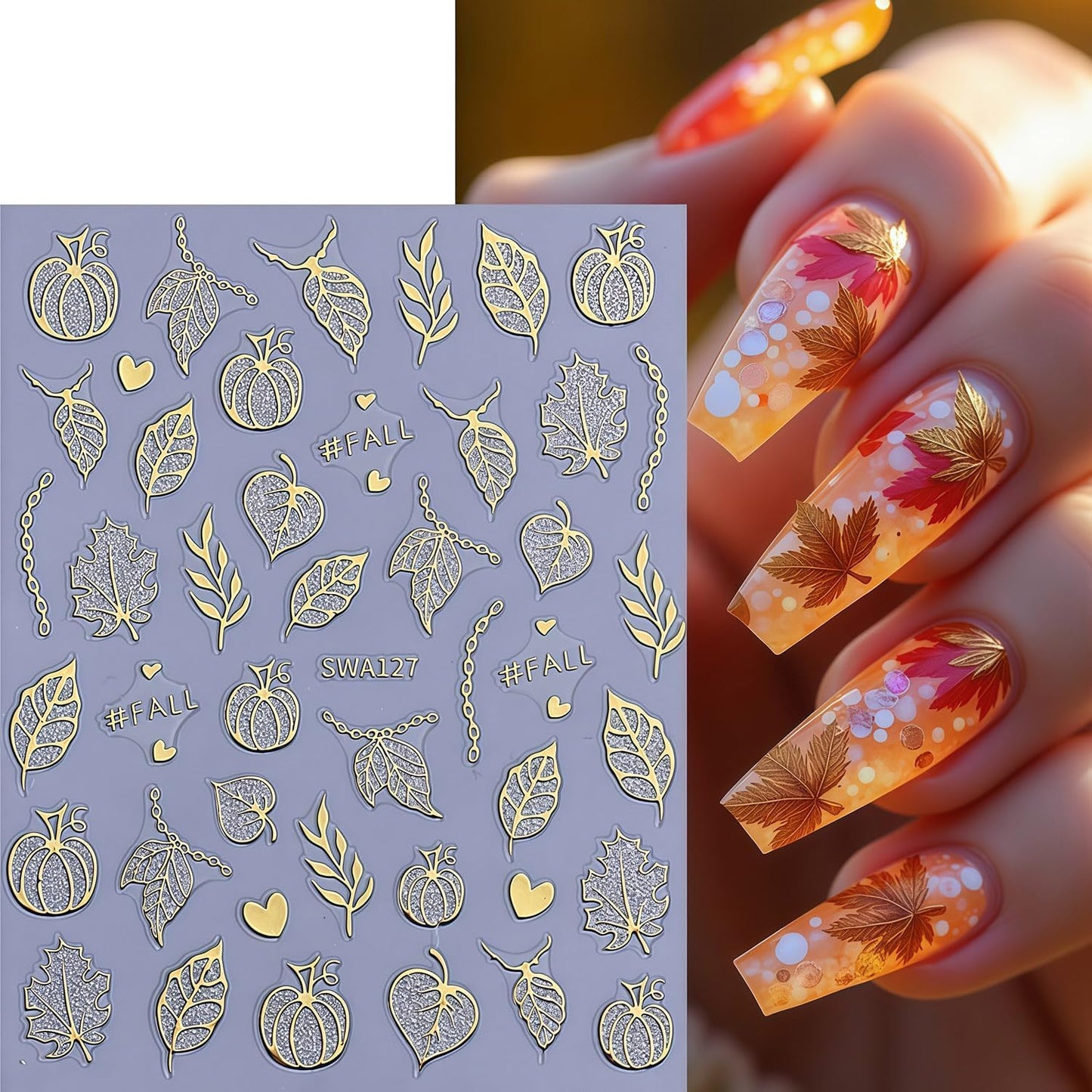 Fall Nail Art Stickers 2 Sheets Gold Pumpkin Nail Decals 3D Self-Adhesive Thanksgiving Day Nails Art Decorations with Glitter Rhinestone Pumpkin Maple Leaf Pattern Nail Decals for Women Holiday DIY