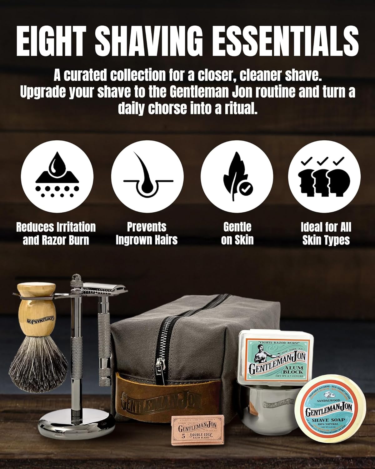 Deluxe Vintage Wet Shave Grooming Set for Men - Safety Razor, Brush, Alum Block, Soap, Bowl, Blades, Stand & Dopp Kit