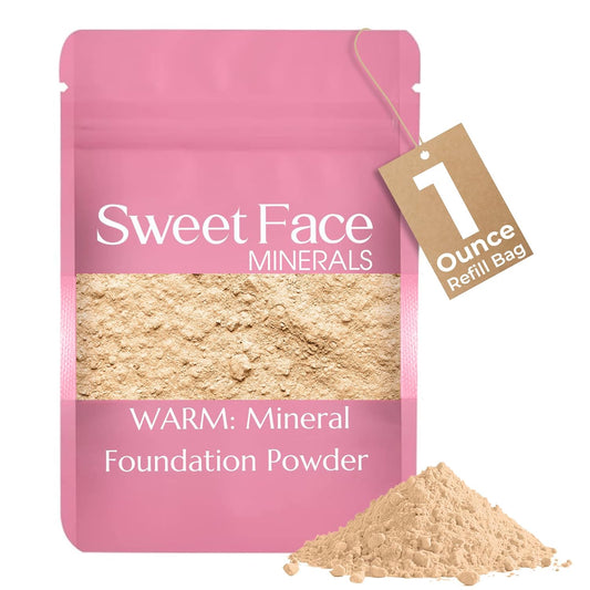 Foundation Powder Refill (Warm)(1 Ounce Bag) By Sweet Face Minerals, Lightweight Mineral Loose Makeup Powder with SPF 20, Full Coverage Flawless Finish, Talc-free, Cruelty-Free, Refillable Pouch