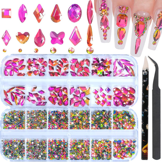 Nail Rhinestones - 3D Multi Shape Size, Flat Back, Crystals Manicure Rhinestones Charms, Colorful Red Nail Gems, with Kit, for Nail Art, Bedazzling Acrylic Nails, DIY Decor