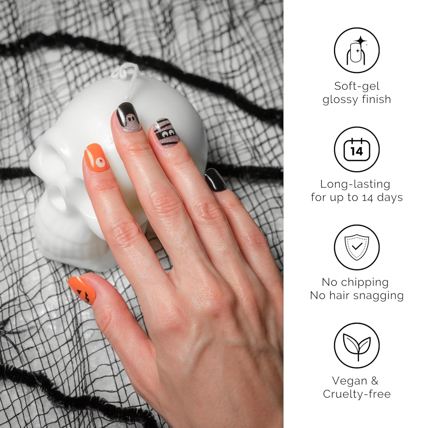 NAILOG Semi Cured Gel Nail Strips 34 pcs| Buy 2 Get 1 UV Lamp | Long Lasting Nail Polish Sticker Wraps with Glossy Gel Finish, Tricks or Treats