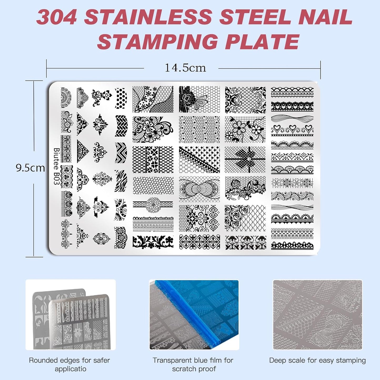 Biutee Nail Stamping Plates Set 2 PCS Large Plate 110 Patterns Nail Art Stamper Scraper Nail Stamp Template Kit French Line Lace Flower Design Masnicure Plates