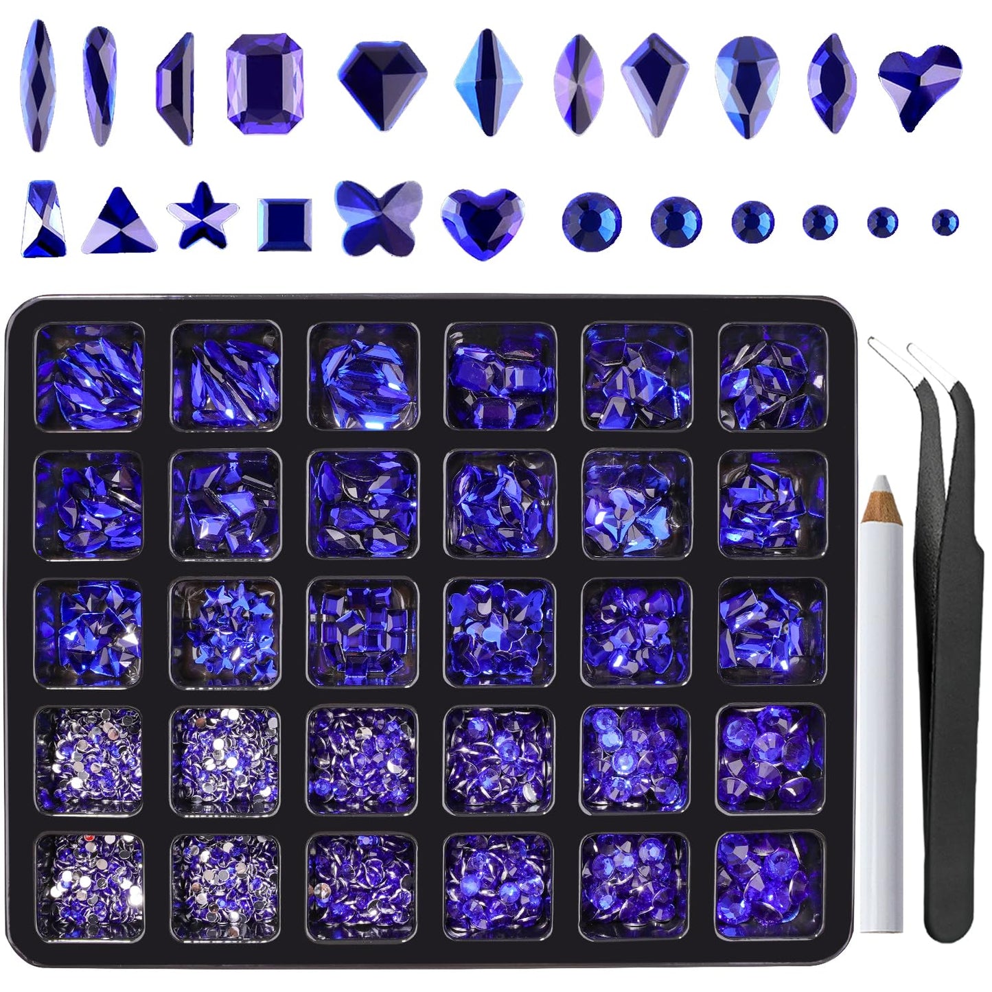 Canvalite 2900Pcs Blue Rhinestones for Nails, 18 Styles Multi Shape Nail Charms and Gems Shiny Glass Crystal Flatback Nail Rhinestones Set for Nail Art with Rhinestone Picker and Tweezers