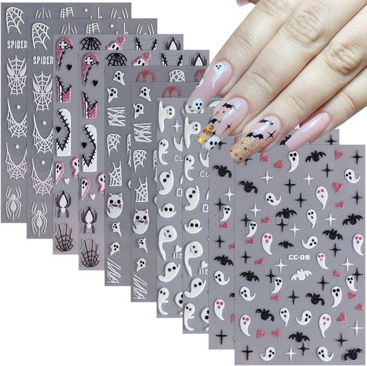 Halloween Nail Art Stickers - 10 Sheets 3D Self Adhesive Nail Designs - White Ghost, Black Bat Boo Nail Decals for Women DIY Manicure Tips