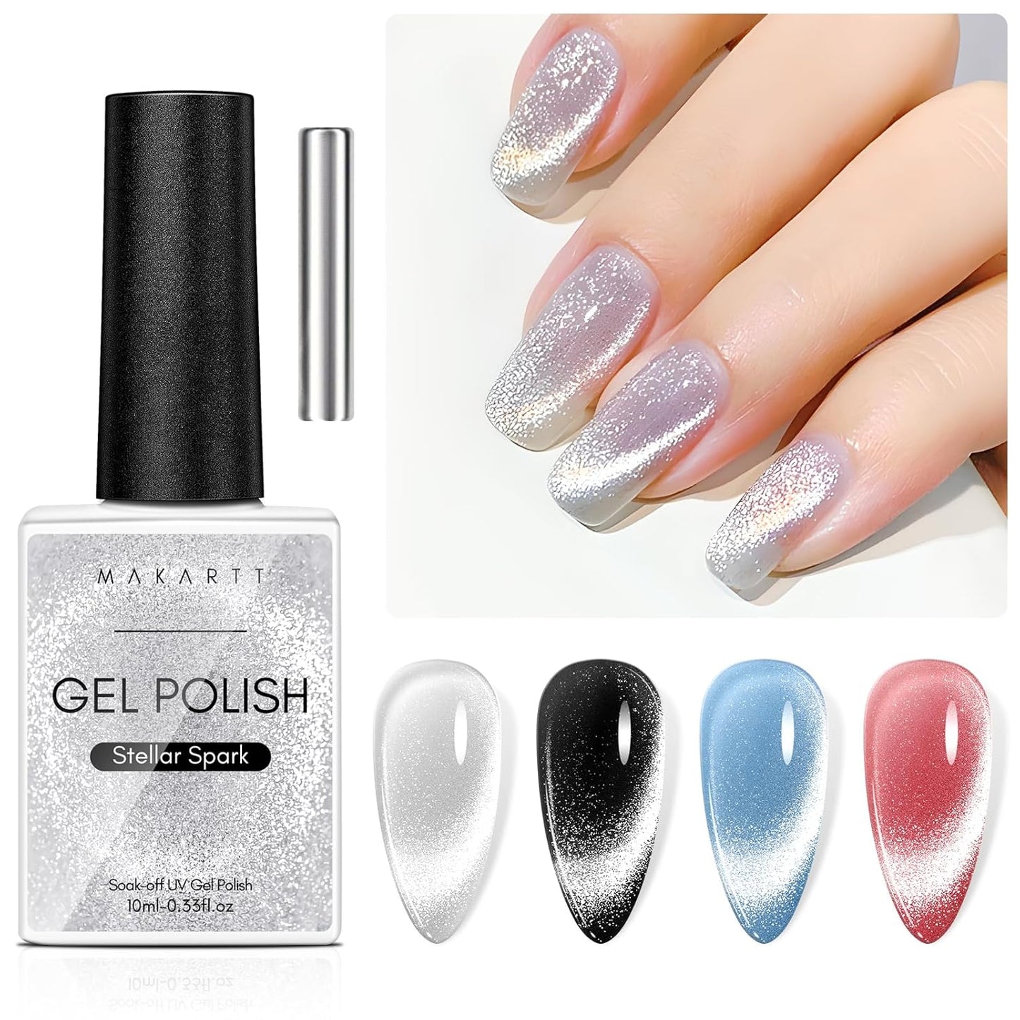 Makartt Universal Silver Cat Eye Gel Polish: Sparkle Glitter Nail Polish Holographic Magnetic Gel with Magnet DIY at Home for Beginner Easy to Use Nail Art Design Manicure 10ml