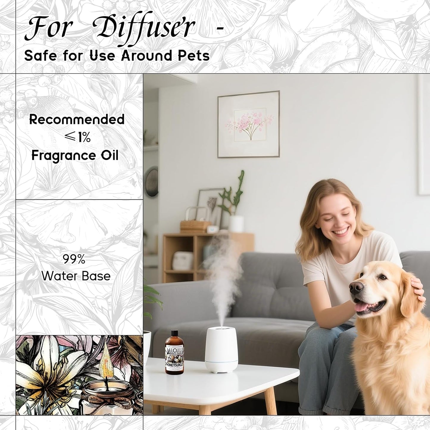 HIQILI Honeysuckle Fragrance Oil for Home Diffuser, Perfect for Candle & Soap Making, Relaxation, Beautiful Gifts - 5.07 Fl Oz