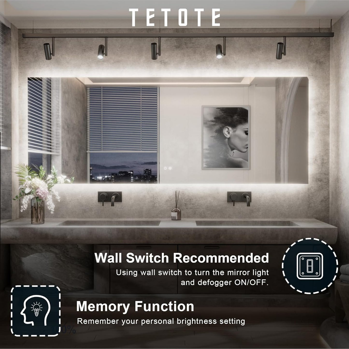 TETOTE 94 x 36 Inch LED Backlit Bathroom Mirror with Lights,Anti-Fog Lighted Mirror,Dimmable,Vanity Mirror,Wall Mounted