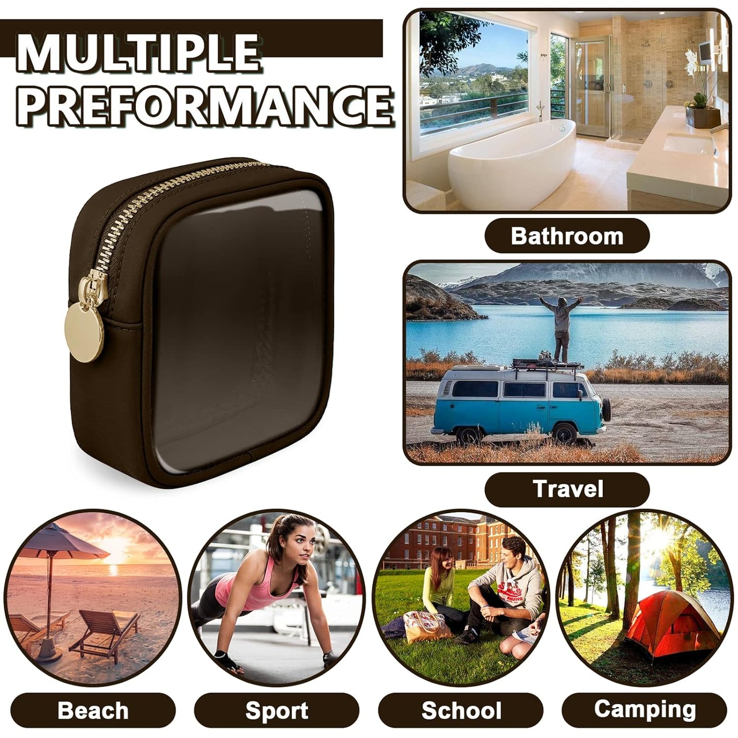 Clear Mini Makeup Bag for Purse, Small Nylon&PVC Cosmetic Travel Bag TSA Approved Toiletry Bag with Zipper, Preppy Transparent Makeup Travel Bag Coin Purse for Women Men Girls(Mini-Chocolate)