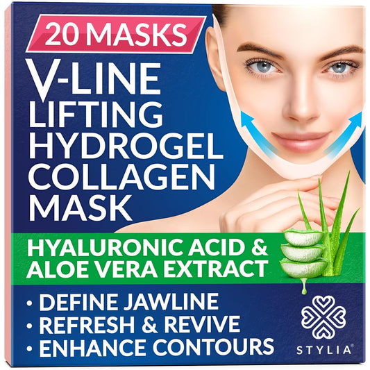 Stylia V Line Lifting Collagen Face Mask - Double Chin Strap for Women - Jawline Shaper Face Lift Tape - Neck Lift Collagen Mask - Chin Strap for Sleeping - Hyaluronic Acid, Aloe Vera, Cica 20PC
