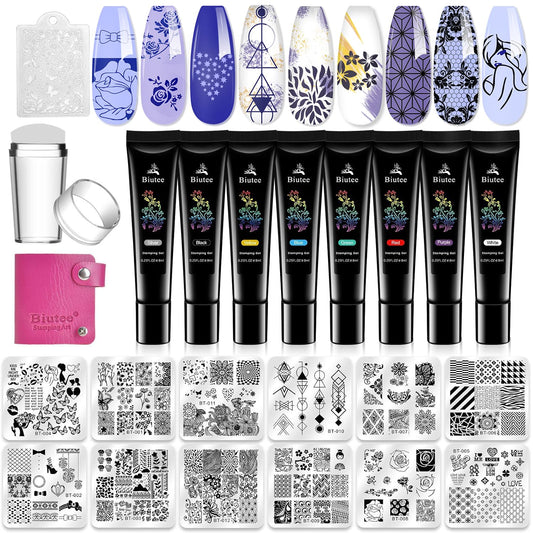 Biutee Nail Stamper Kit Nail Art Stamping Plate Set Stamping Polish Gel Stamp Plate Jelly Silicone Stamper Scraper Flower Lace Line Kiss Stencil Template Tool Supplies for Holiday (Storage Bag)