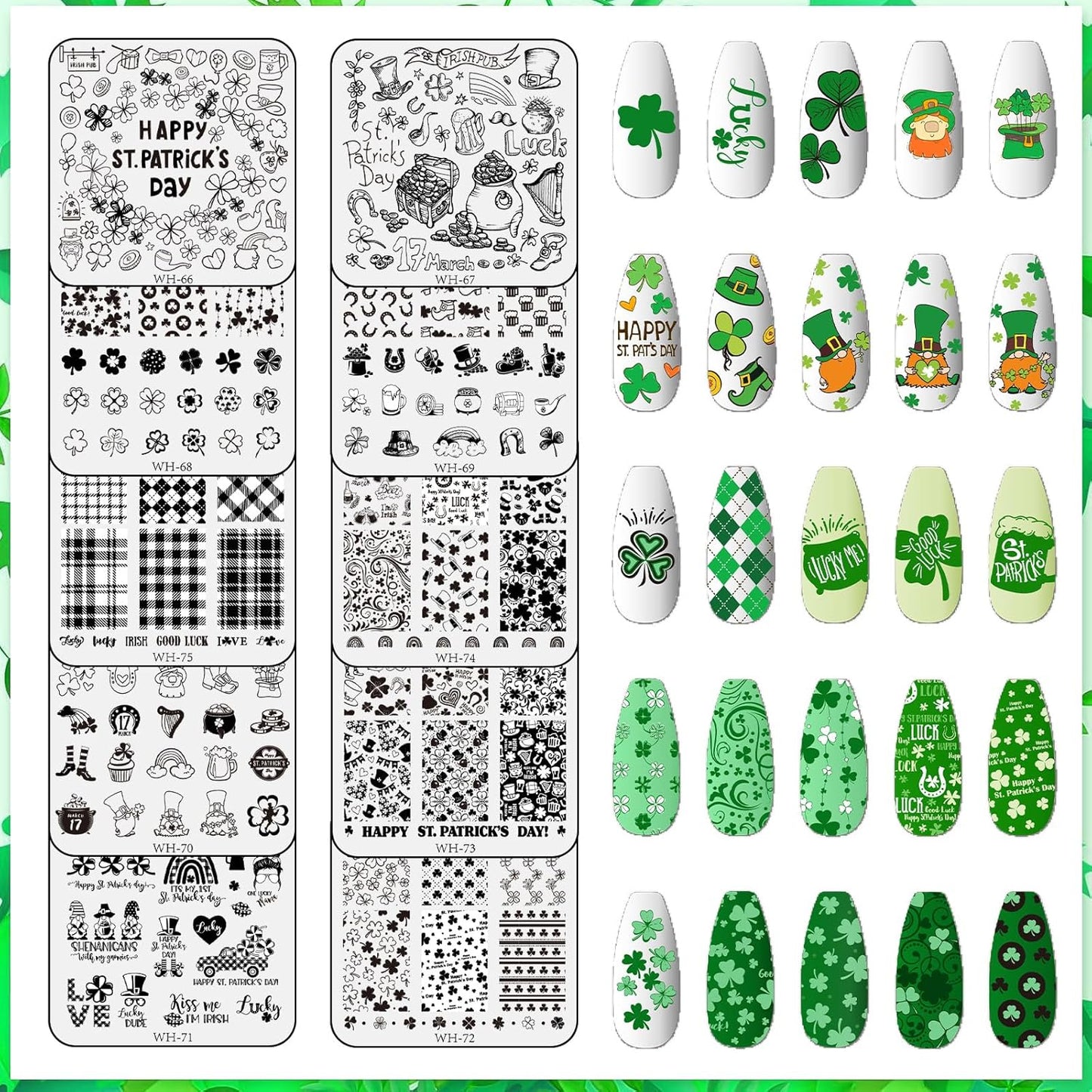Whaline 10Pcs St. Patrick's Day Nail Art Stamping Plates Kit Shamrock Gnome Image Stamp Templates Irish Nail Art Plates for Holiday DIY Print Manicure Salon Design Gift