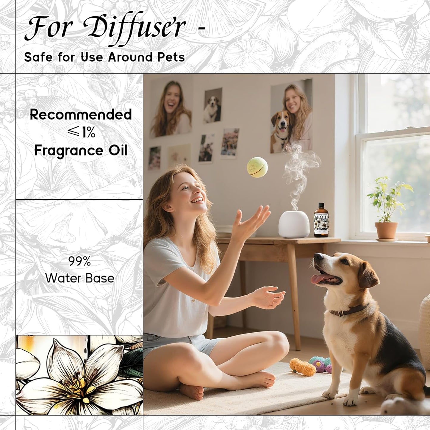 HIQILI Jasmine Fragrance Oil for Aromatherapy Diffuser, Floral Scent for Candle, Perfume Making, Skin Care, Laundry Essential Oil - 5.07 Fl Oz