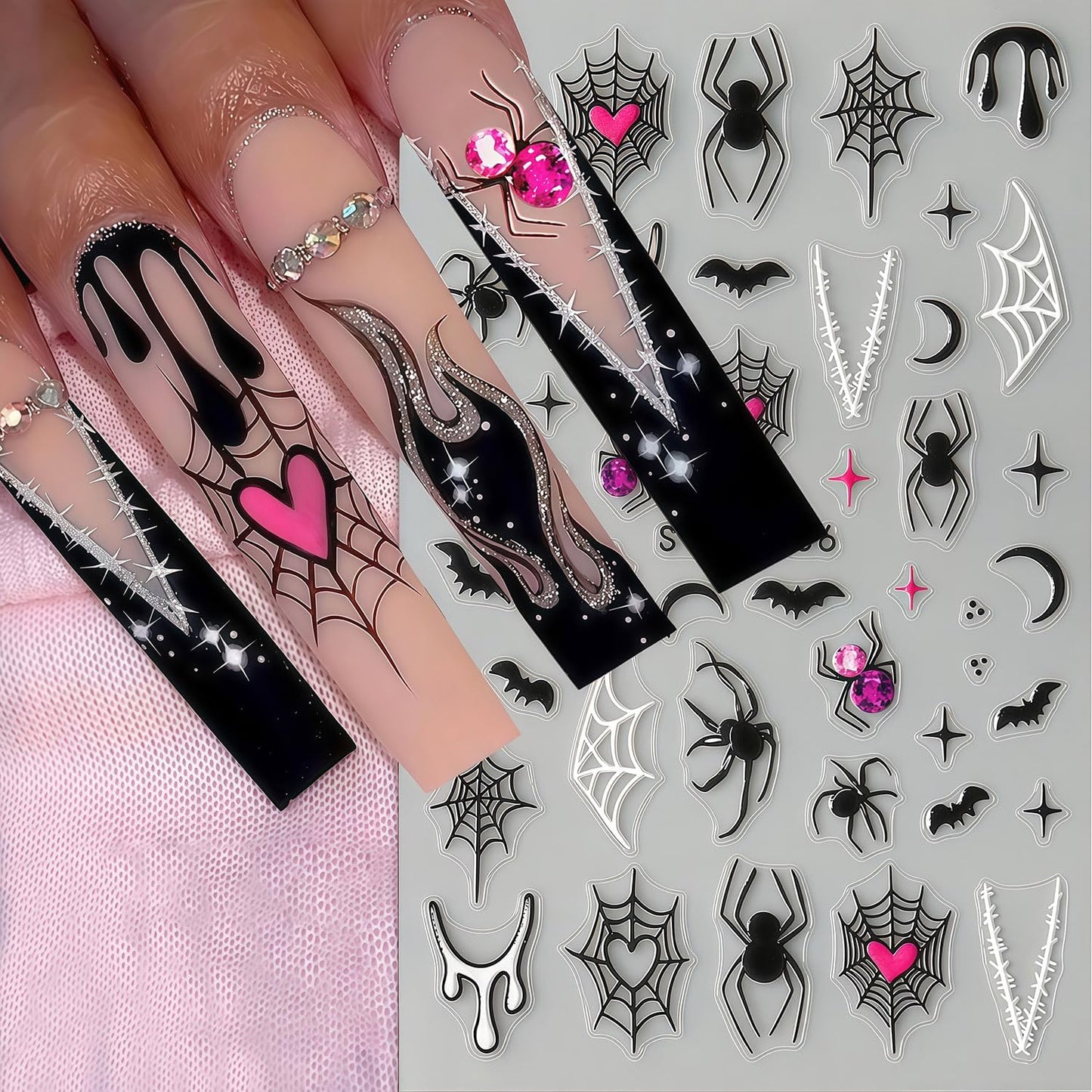Halloween Nail Stickers 6 Sheets Bat Nail Stickers 3D Self-Adhesive Blood Spider Web Heart Spider Bat Nails Design Ghost Nail Decals Halloween Bats Ghost Sticker for Holiday DIY Manicure Decorate