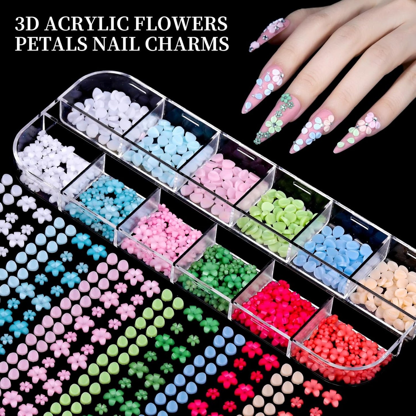 FANDAMEI Nail Charms, 8-Box Nail Charms and Gems, Fruit Bow Hawaii Flowers Petals 3D Nail Art Charms Bulk, Colorful Bubble Beads Nail Rhinestones, Gold Studs Flatback Nail Pearls for DIY