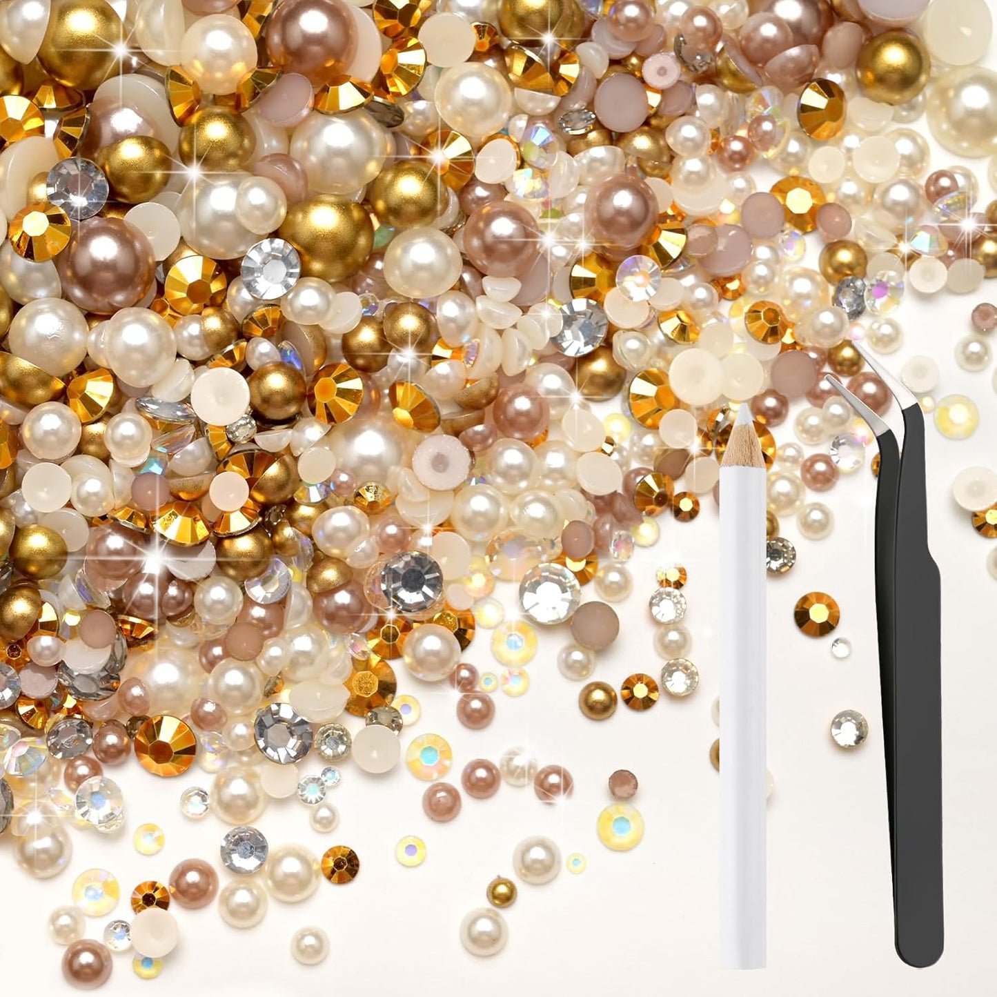 80g Mix Flatback Pearls and Rhinestones for Crafts Champagne Gold Mixed Size 2mm-10mm Half Round Pearls Rhinestones for Nail Art Tumblers Shoes DIY Bedazzling with Tweezers Wax Pen