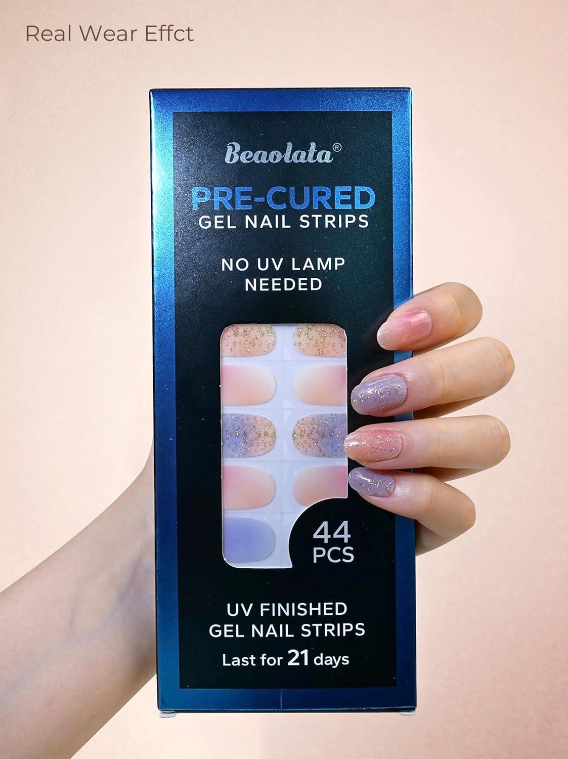 Pre Cured Gel Nail Strips - 44PCS Salon Quality Gel Nail Stickers - Long Lasting Polish Wraps for Women no UV Light Needed Easy Apply& Remove (Blush Blue）