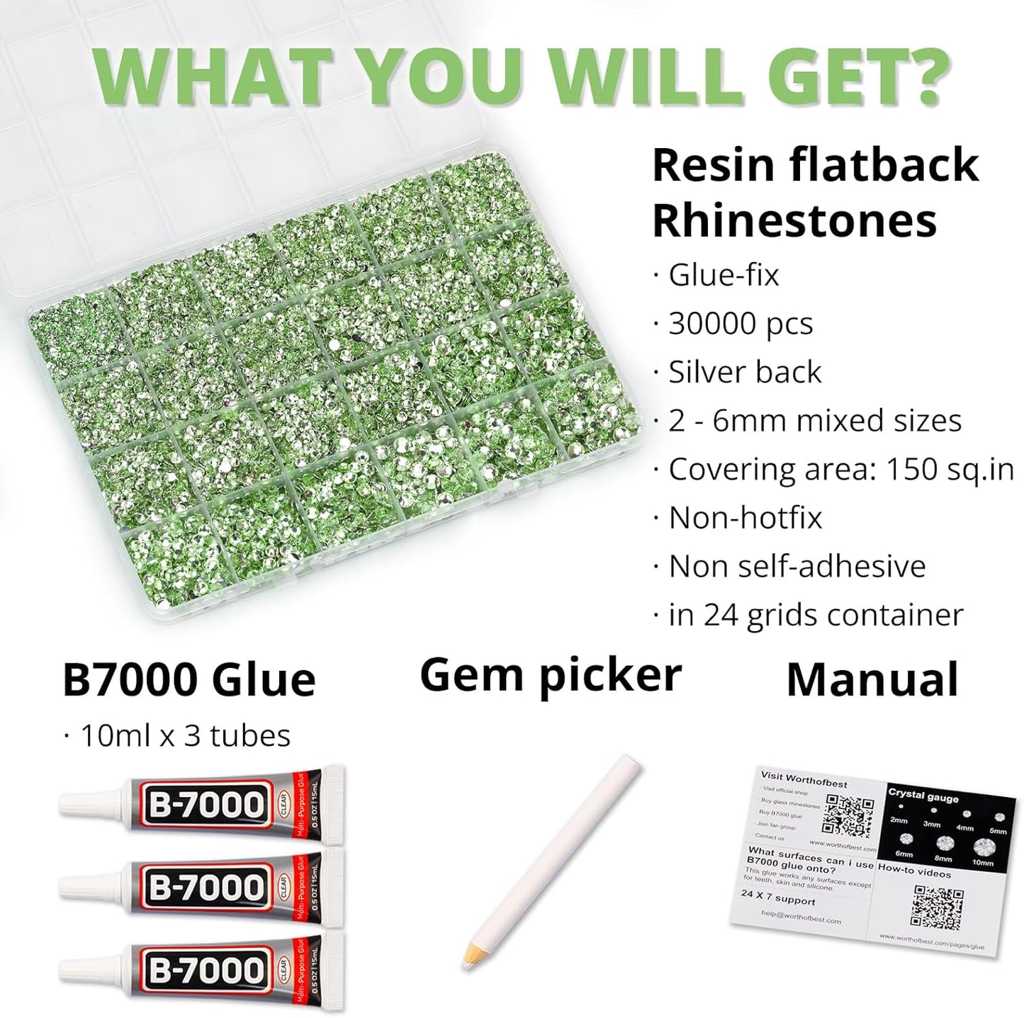 30000Pcs Resin Rhinestones Set for Crafting Bedazzling, Light Green Flatback Gems Jewels for Crafts Clothes Shoes Fabric Outfit Nails Makeup, Flat Back Sage Green Crystal 2-6mm with b 7000 Glue