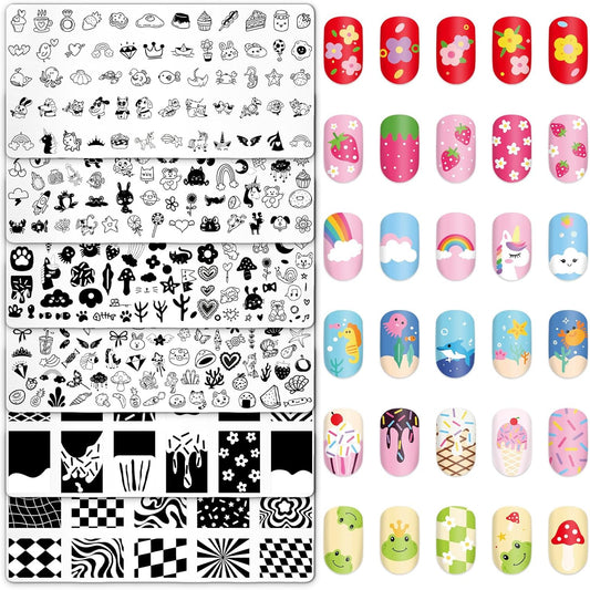 Whaline 6Pcs Kids Nail Plates Stamping Set Cute Animal Floral Dessert Stamp Templates Nail Art Plates for DIY Print Manicure Salon Design