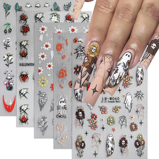 Ghost Nail Stickers 5D Embossed Halloween Nail Decals 5PCS Self-Adhesive Flower Spider Web Ghost Skull Nail Design Sticker Gothic Nail Art Supplies Accessories Cute Spooky Nail Art Stickers for Women