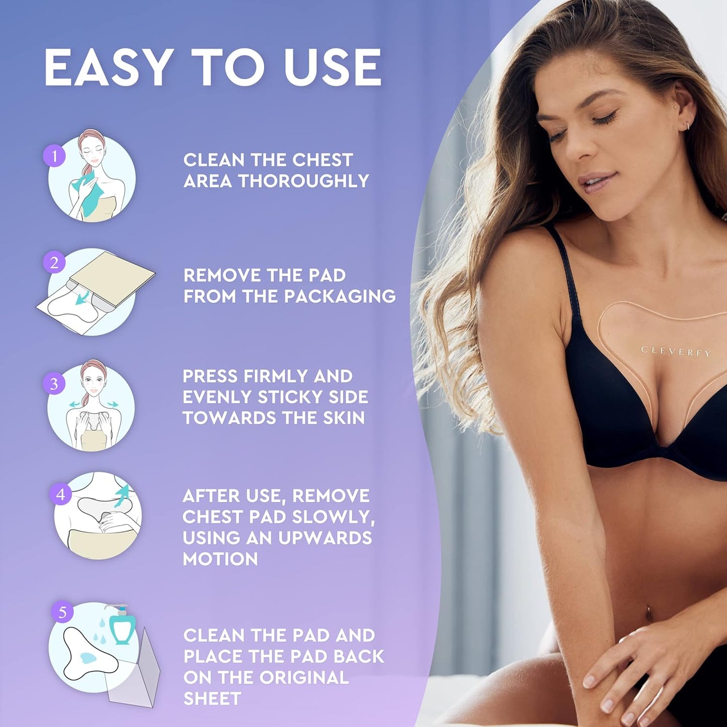 CLEVERFY Silicone Chest Wrinkle Pads Sleeping Reusable (4 Pack T-shape) - Decollete Anti Wrinkle Chest Pads - Silicone Patches for Wrinkles - Anti Wrinkle Patches for Decollete Wrinkle Prevention