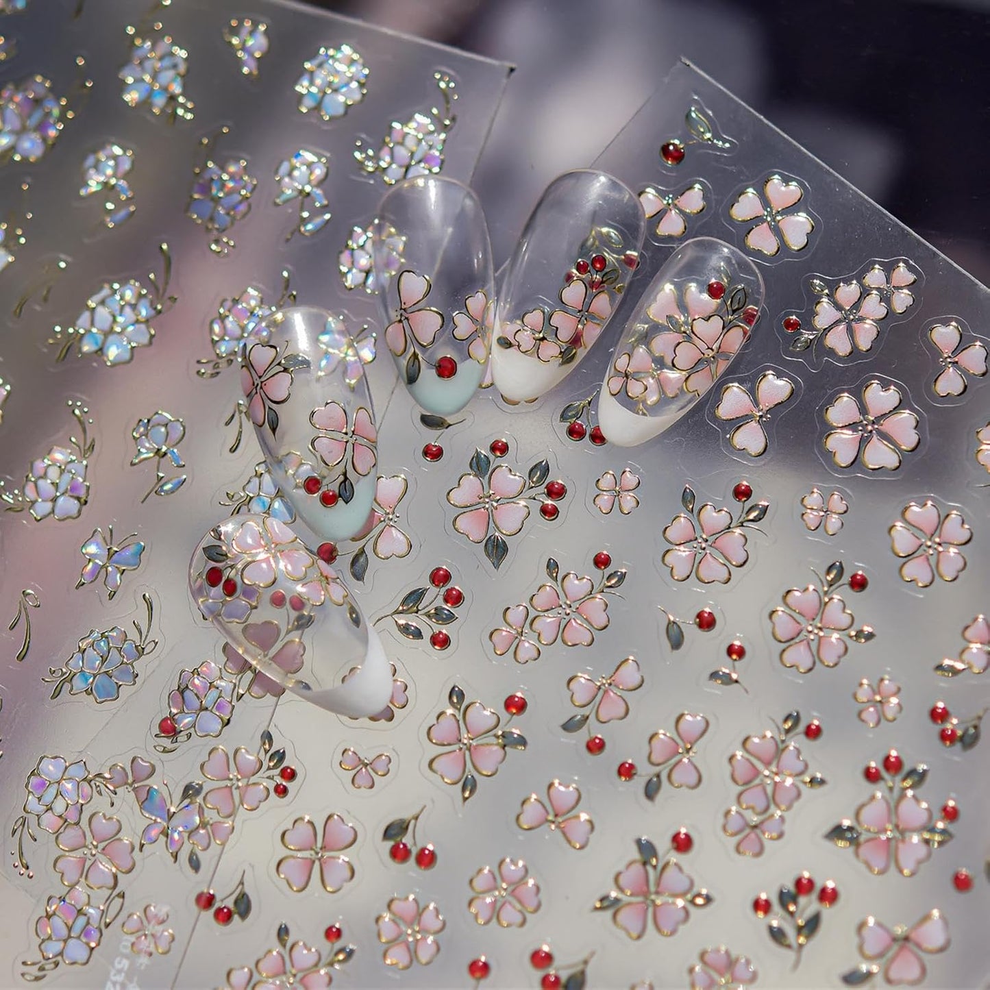 Flower Nail Stickers Pink Nail Art Stickers Jerry Nail Decals with Red Design Floral Nails Art Decals 5D Embossed Self Adhesive Nails Charms for Women Girls Manicure DIY Decoration Accessories