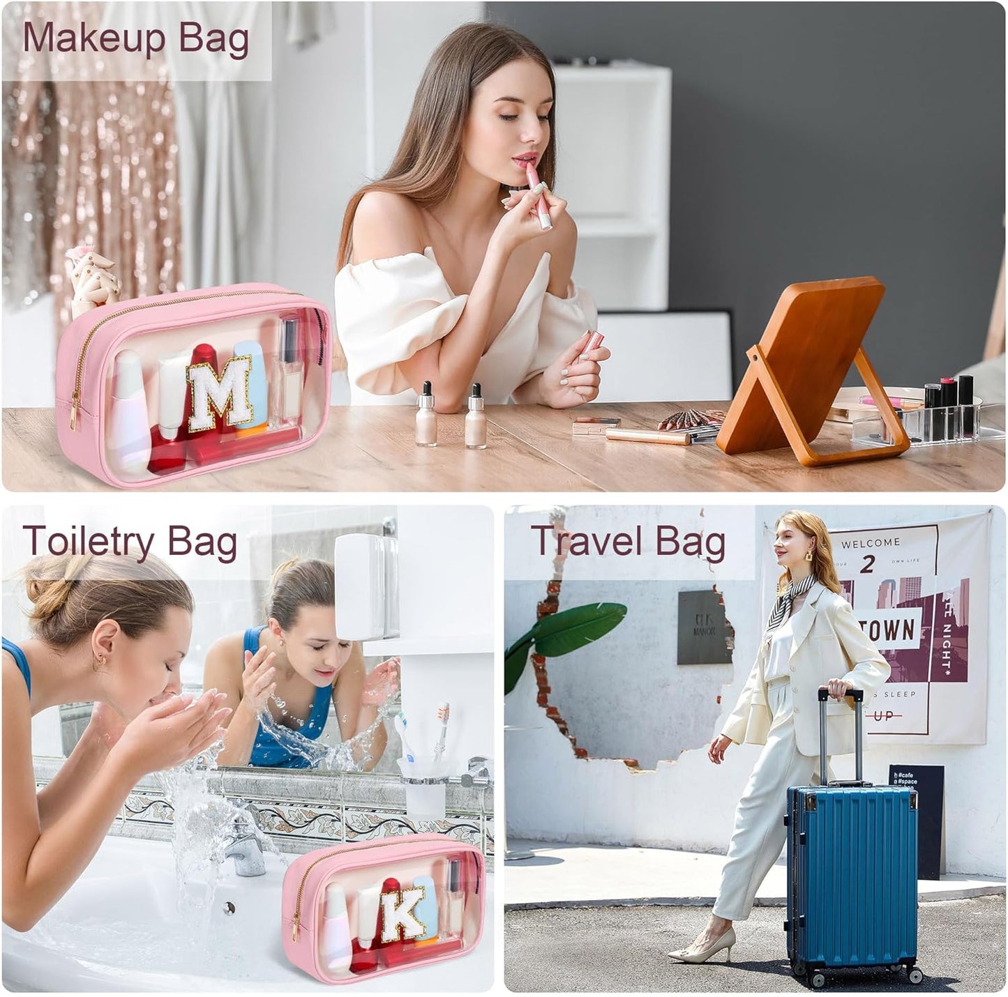 YOOLIFE Travel Makeup Bag Toiletry Bag for Women, Clear Make up Bag PVC Cosmetic Bag Pink Preppy Stuff Travel Accessories Makeup Pouch Birthday Gifts for Women Teacher Mother Wife Girlfriend Gifts W