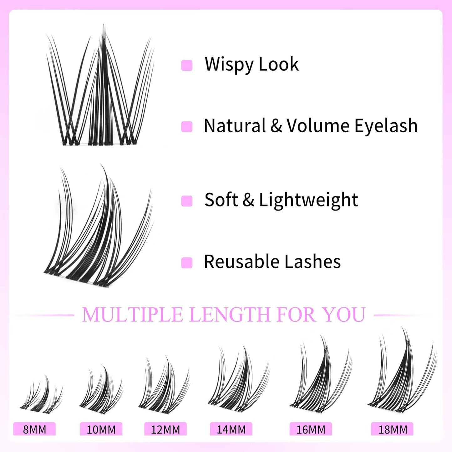 VEYESBEAUTY Lash Clusters Eyelash Extensions Thin & Invisible Band DIY Individual False Eyelashes Newbie's Five-Second Series Wispy Lash Tray for Self-application, Manga Lashes 8-18mm Mixed Length