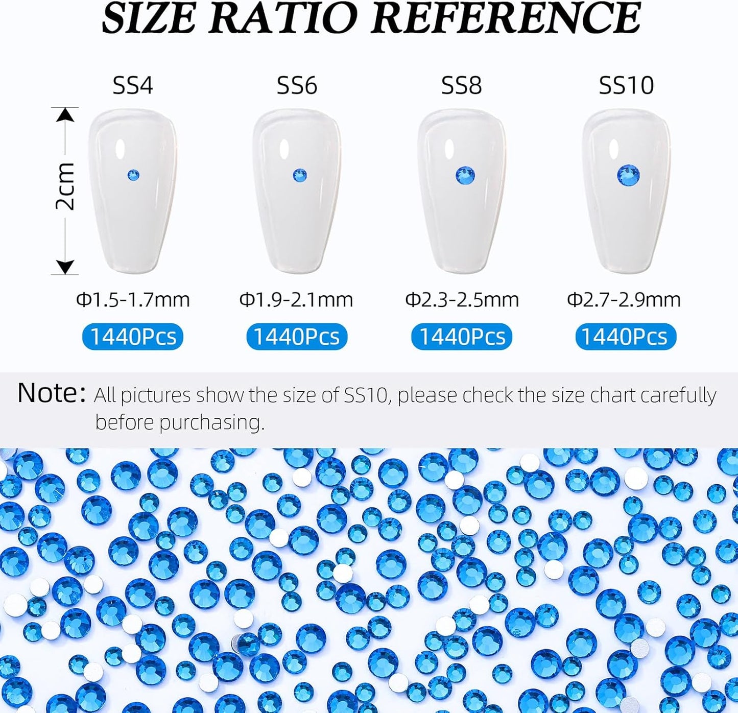 Capri Blue Flatback Rhinestones, Glass Rhinestones for Nail Art and Craft, Glue Fix, Loose Crystal Gemstones(Capri Blue, SS10, 1440pcs, 2.7-2.8mm)