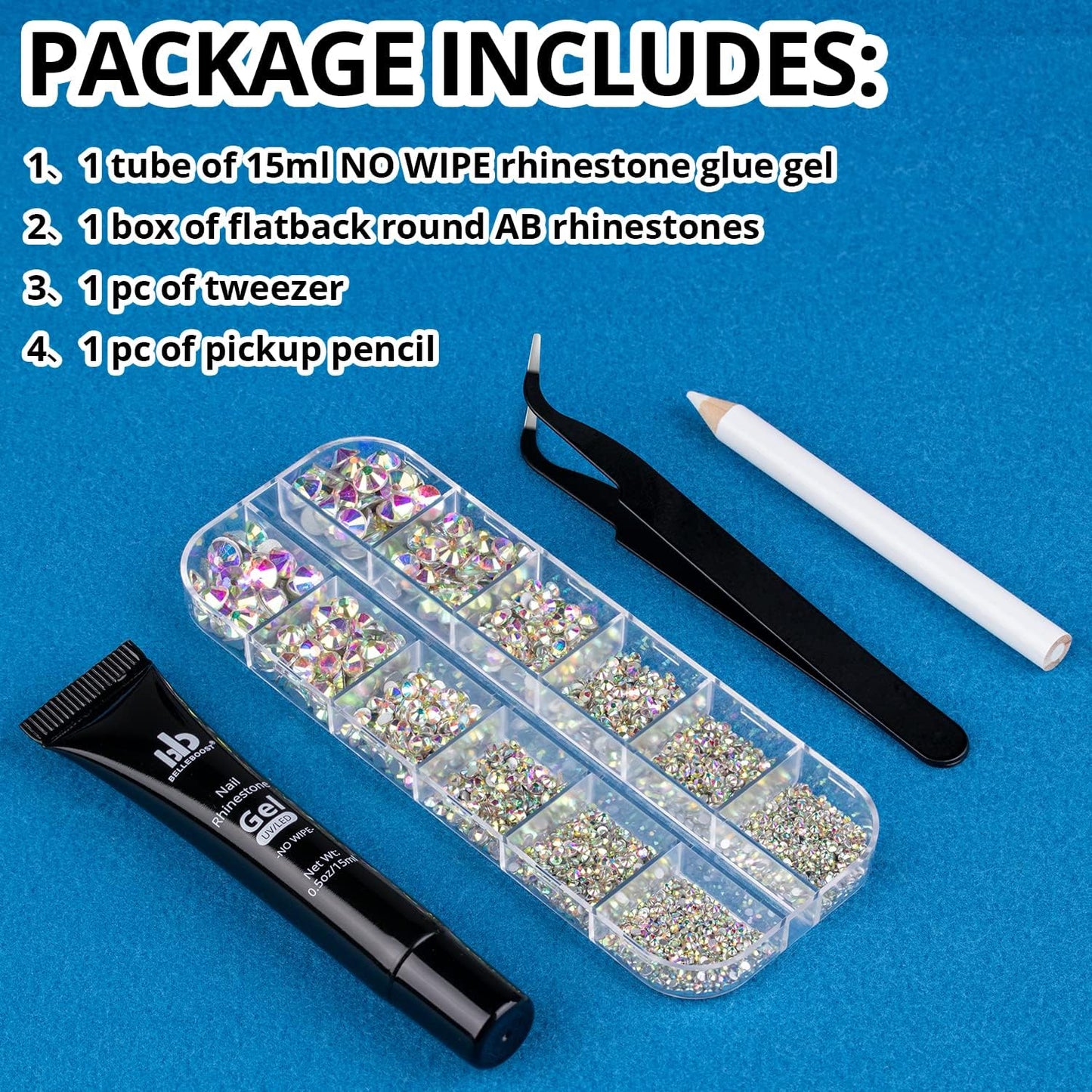 Nail Art Rhinestone Glue Gel&Flatback Gems Accessories Kit, 1 Tube of 15ml Rhinestone Gel Glue(UV/LED Needed)+1 Box of Flat-Back Round Glass Crystal AB Gemstones with Pickup Pencil and Tweezer