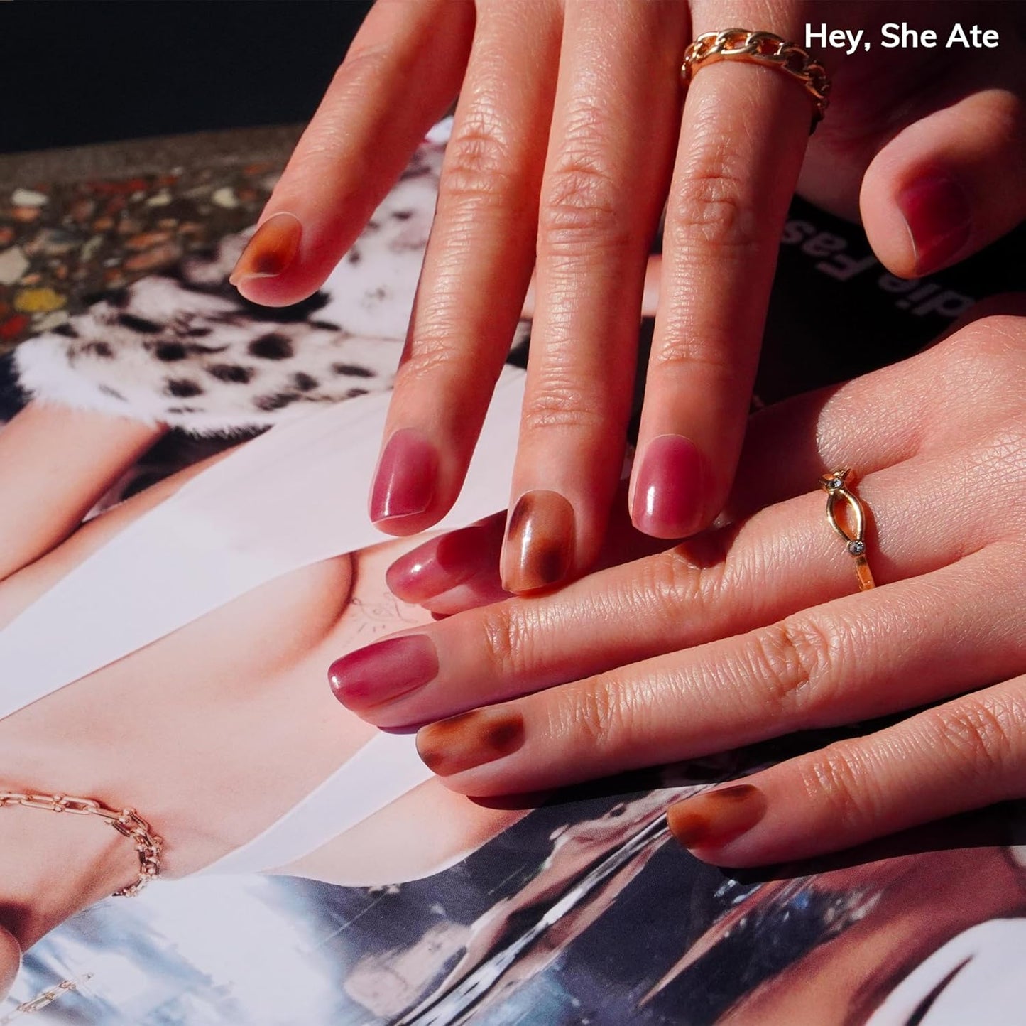 Semi Cured Gel Nail Strips | No LED Lamp Needed | Summer, Marble, Red | Easy Apply & Remove, Salon Quality | Includes 28 Strips, 1 Prep Pads, Nail File & Wooden Stick - Hey, She Ate