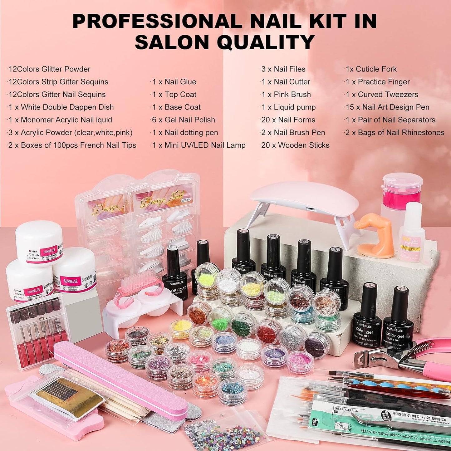 Acrylic Nail Kit with Everything - Nail Kit Set Beginners, Gel Nail Polish Kit with UV Light Acrylic Liquid Monomer Nail Art Decoration DIY Nail Art Tool Nail Supplies