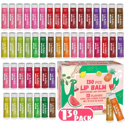Yopela 130 Pack Natural Lip Balm Bulk with Vitamin E and Coconut Oil - Moisturizing, Soothing, and Repairing Dry and Chapped Lips - 13 Flavors Valentine's Gift - Non-GMO 0.15 Oz