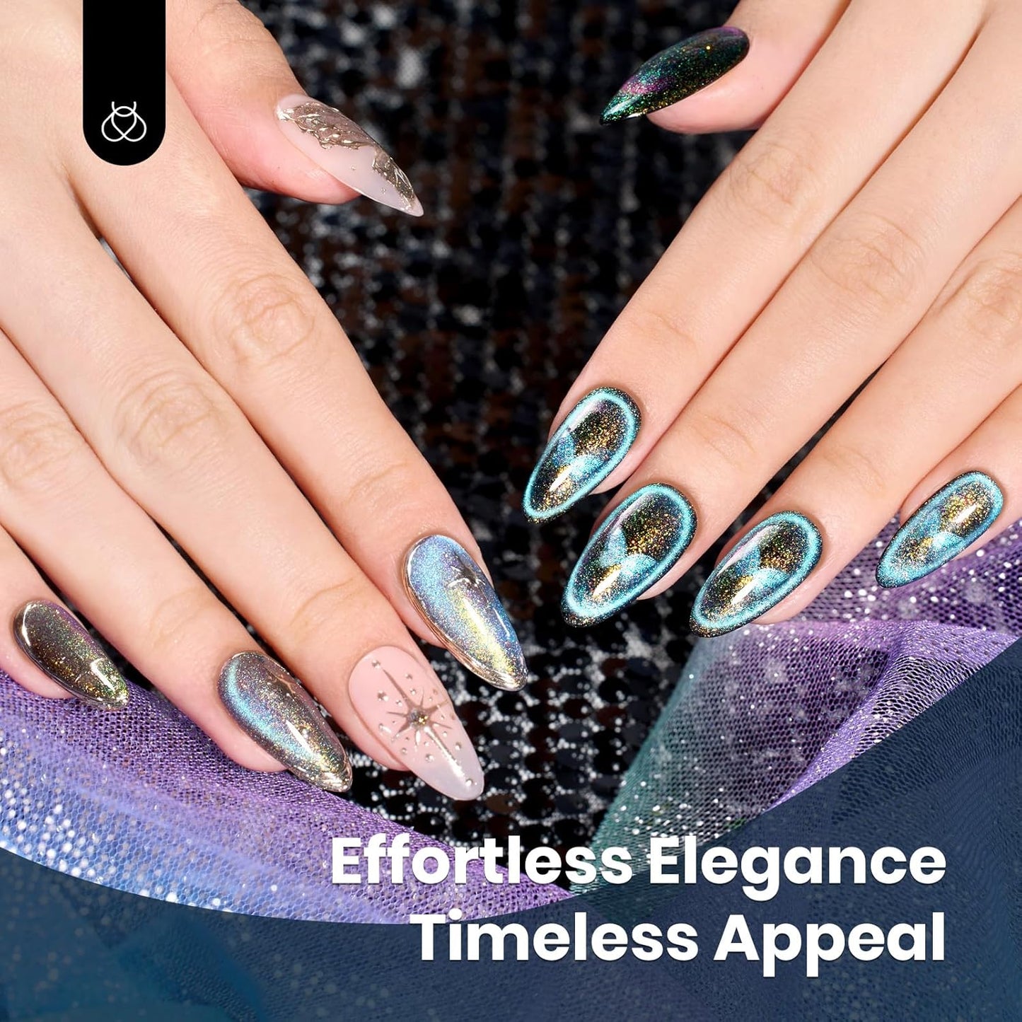 Beetles Cat Eye Gel Polish, 15ML Blue Purple Cat Eye 9D Holographic Glitter Magnetic Gel Nail Polish Rainbow Color Soak Off UV Mermaid Tears Series French Nail Art Manicure Gift for Women