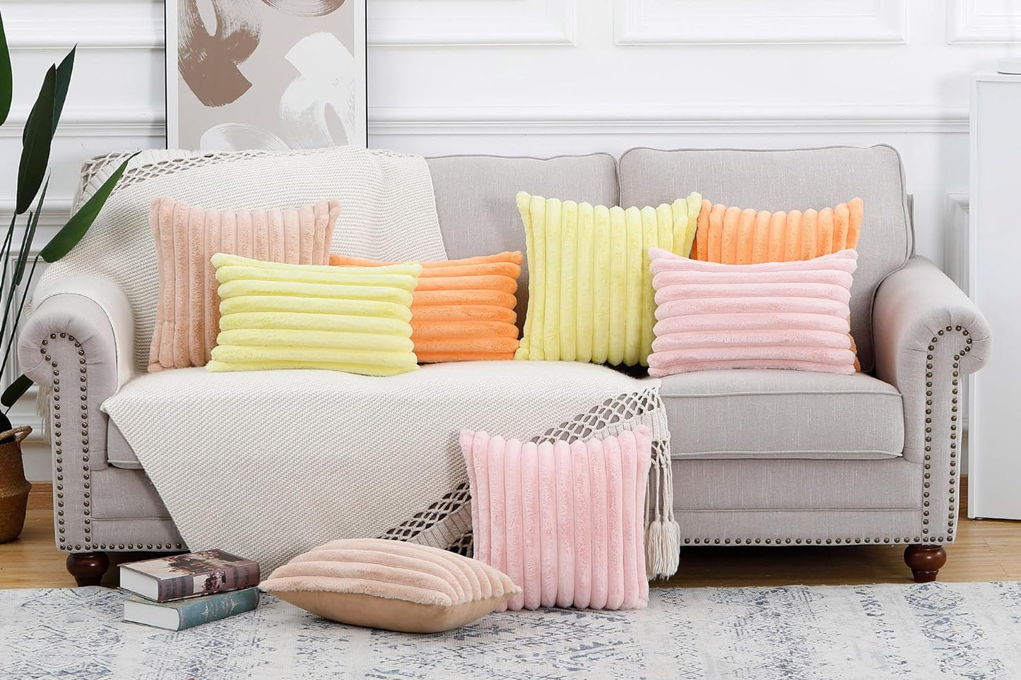 MADIZZ Set of 2 Faux Wool Plush Decorative Throw Pillow Covers 20x20 Inch Light Brown Fluffy Striped Soft Decorative Cushion Cover for Sofa Bedroom Pillow Shell