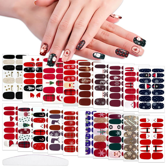 WOKOTO 20Pcs Christmas Nail Polish Stickers Full Wraps Gel Strips for Women Girls Art Christmas Father Elk Holiday Stick On Nails