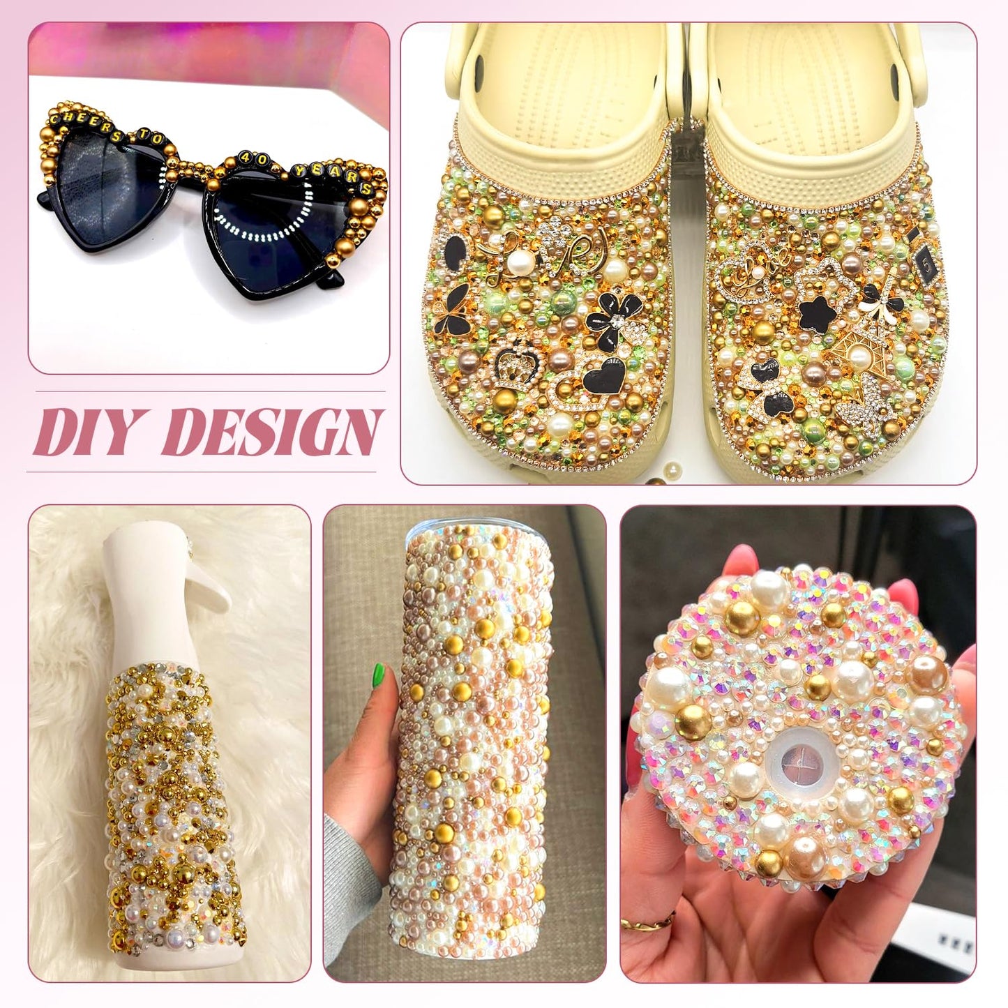 80g Flatback Pearls and Rhinestones for Bedazzling, Champagne Gold Mixed Size 3-10mm Resin Rhinestones and Half Pearls for Crafting, Nail Art and Decoration with Tweezers (White Brown)