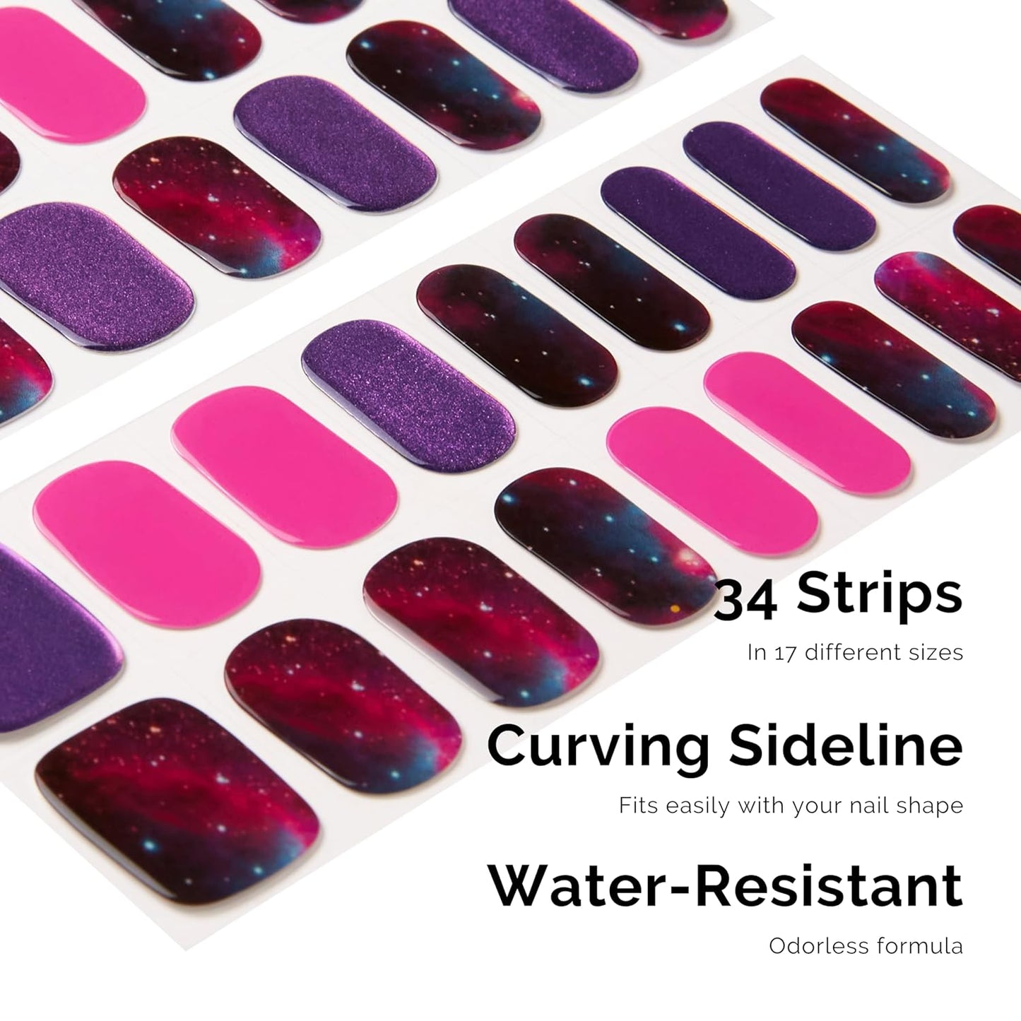 NAILOG Semi Cured Gel Nail Strips 34 pcs| Buy 2 Get 1 UV Lamp | Long Lasting Nail Polish Sticker Wraps with Glossy Gel Finish, Lost in Galaxy