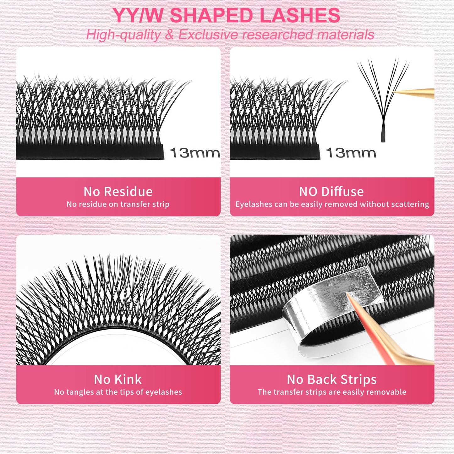 Lash Extensions Double Tips 4D Eyelash Extensions W Shape 0.07mm Thickness D Curl 14mm Premade Fans Easy Fan Volume Lashes Matte Black Crisscross(W-4D-Double Tips-0.07-D,14mm)