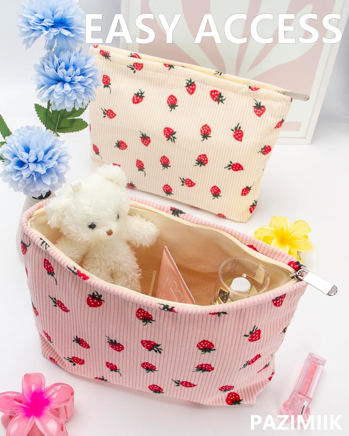 Makeup Bag Large Cotton Zipper Pouch for Purse Travel Canvas Make Up Organizer for Women Cosmetic,Strawberry Pink