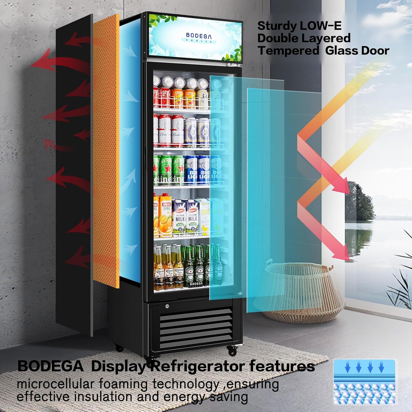 BODEGACOOLER Commercial Refrigerators with 4 shelves, 240 cans &160 bottles Beverage, 11.3 Cu. Ft. Commercial Merchandiser Refrigerators with Soft LED Light,For Garage, Gym, Man cave, Shop, Office.
