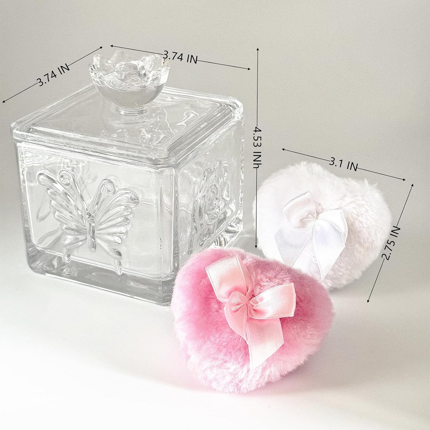 Body Powder Puff and Container - Glass Dusting Powder Container with 2 Soft Puffs – Vintage Powder Puff Case for Women & Girls (3.74x3.74x4.53 H IN) - GRB013-Transparent