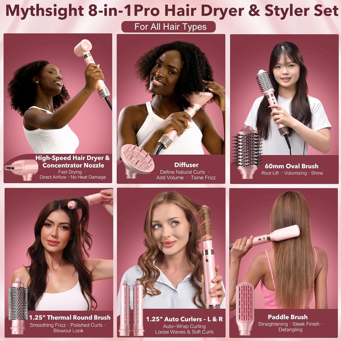 StyleVibe 8-in-1 Multi-Styler, Blow Dryer Brush & Thermal Brush with Auto Wrap Curl L/R, Fast Drying, Smooth Blowouts, Root-Lift Volume, No Heat Damage Frizz-Free Air Styler with Travel Bag