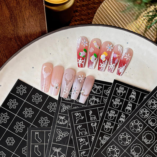 Christmas Nail Stickers Airbrush Stencils Stickers for Nail Art Self Adhesives with Snowman Snowflower Elk Bell Wreath Socks Designs Supplies Design Nail Guide for Manicure Nails Decoration 6 Sheets