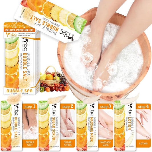 Pedicure Kit Foot Soak Set: Bubble Salt, Sugar Scrub, Massage Mask, Massage Lotion in a Box, 4 Step Foot Spa Kit for Dry Feet, Calluses and Tired Feet(1 Set Tropical Fruit)