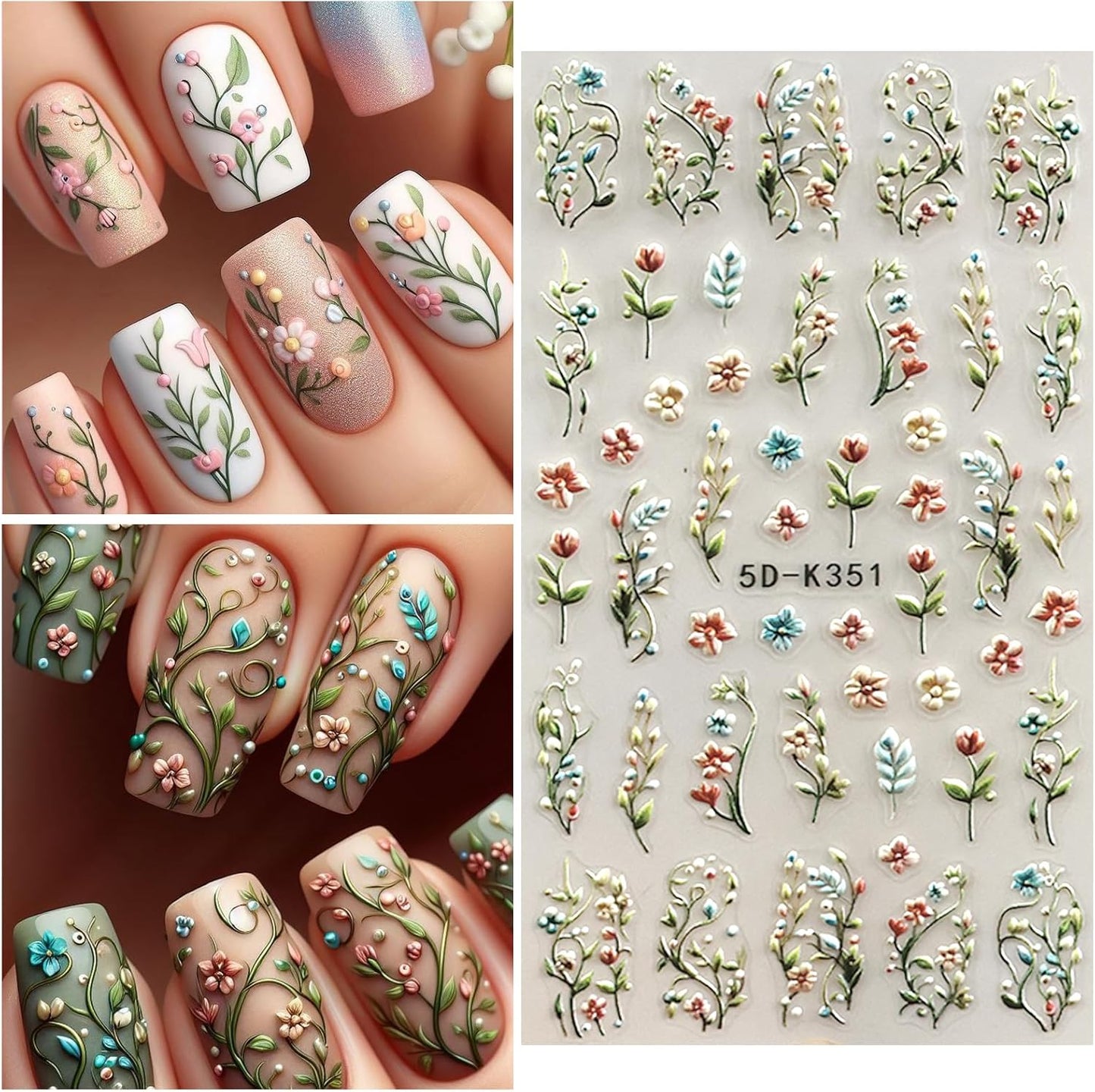 Spring Flower Nail Art Stickers Decals Floral Nail Decals Self Adhesive 5D Embossed for Women Nails Design Decoraion Colorful Rose Plum Blossom 3D Flower Mails Stickers Supplies