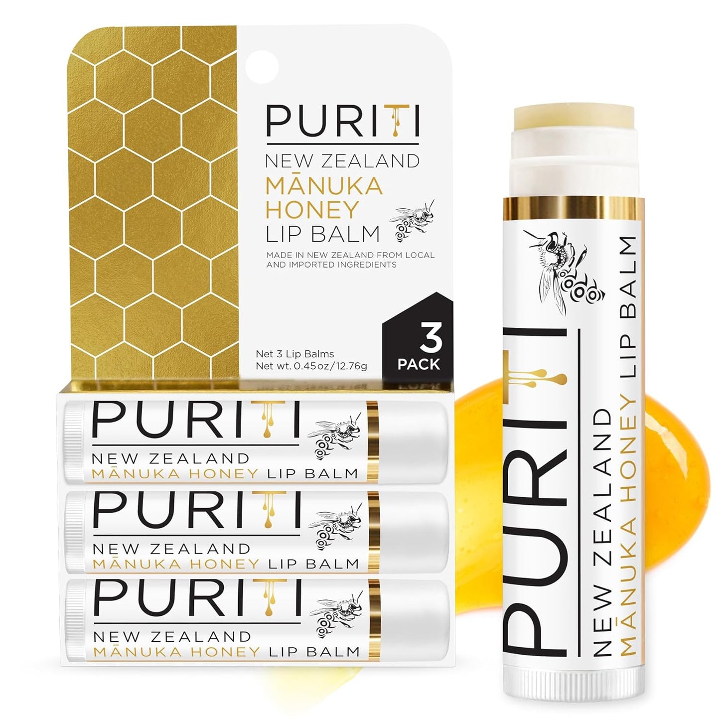 PURITI Manuka Honey Lip Balm – 3pack Soothing & Moisturizing, Enriched with Almond, Jojoba, Macadamia Oils, Cocoa Butter, Hydrating for Dry & Chapped Lips, 100% Genuine New Zealand Manuka Honey